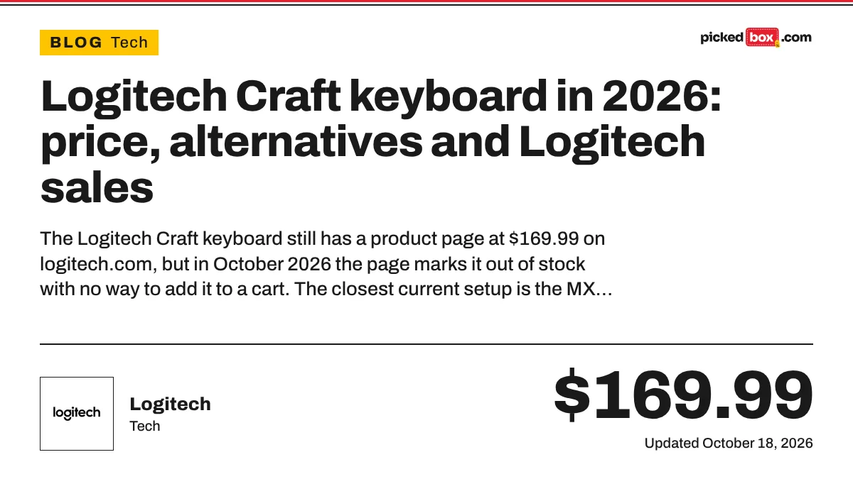 Logitech Craft keyboard in 2026: price, alternatives and Logitech sales. Logitech savings plate, updated October 18, 2026.